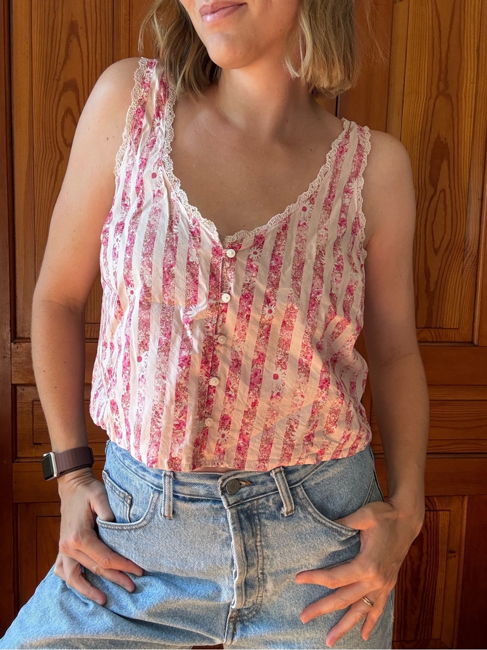Pink & White Striped Floral Button-Front Women’s Tank Top